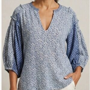 Roberto Cavalli Silk Blouse Sz M Blue Mixed Print Floral Balloon Slv V-Neck Boho